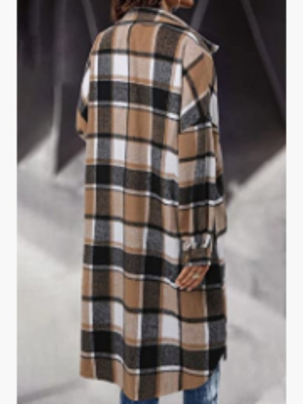 Polyester Plaid Shacket Jacket Long Corduroy Button Down Trench Coat - Picture 4 of 7